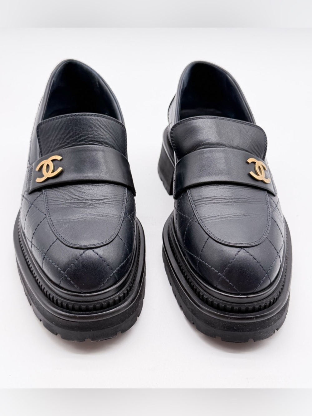 CHANEL CC Logo Dark Blue  Quilted Lug Sole Platform Loafers Leather EU 38.5 US8 - Picture 5 of 13